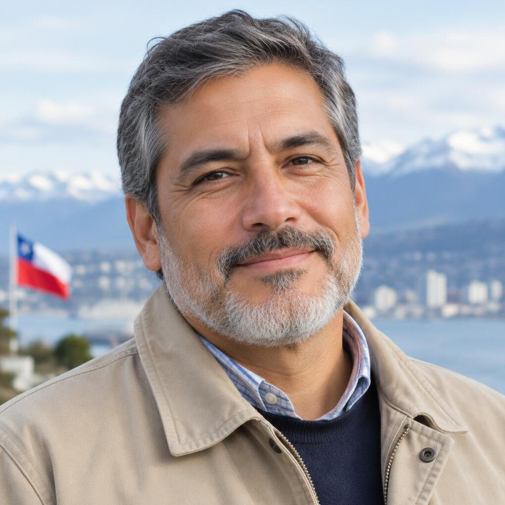Portrait of a Latino man in his fifties with a gray beard and a beige jacket
